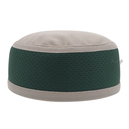 Light Khaki and Dark Green Madun Vented Top Pliable Two-Color Round Kufi Hat