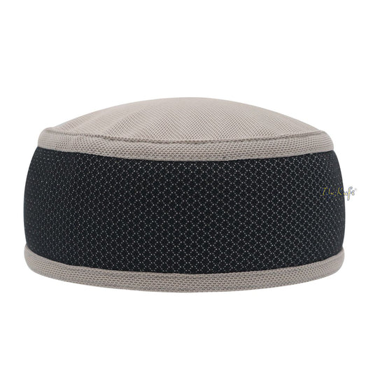 Light Khaki and Black Madun Vented Top Pliable Two-Color Round Kufi Hat