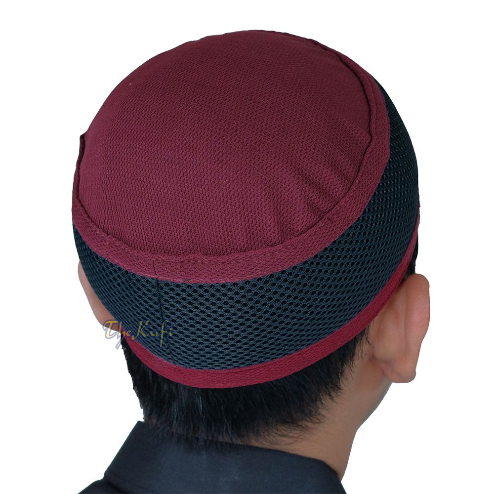 Maroon with Dark Gray Madun Vented Top Pliable Two-Color Round Kufi Hat