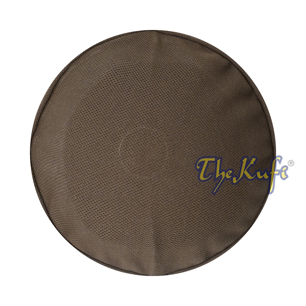 Brown and black mesh Islamic kufi cap with a breathable ventilated design from TheKufi.com.