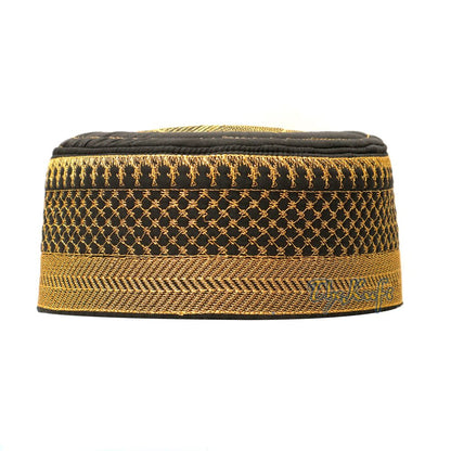 Black Kufi Hat with Gold Embroidery – African-Style Metallic Thread Padded
Semi-Stiff Prayer Cap Topi