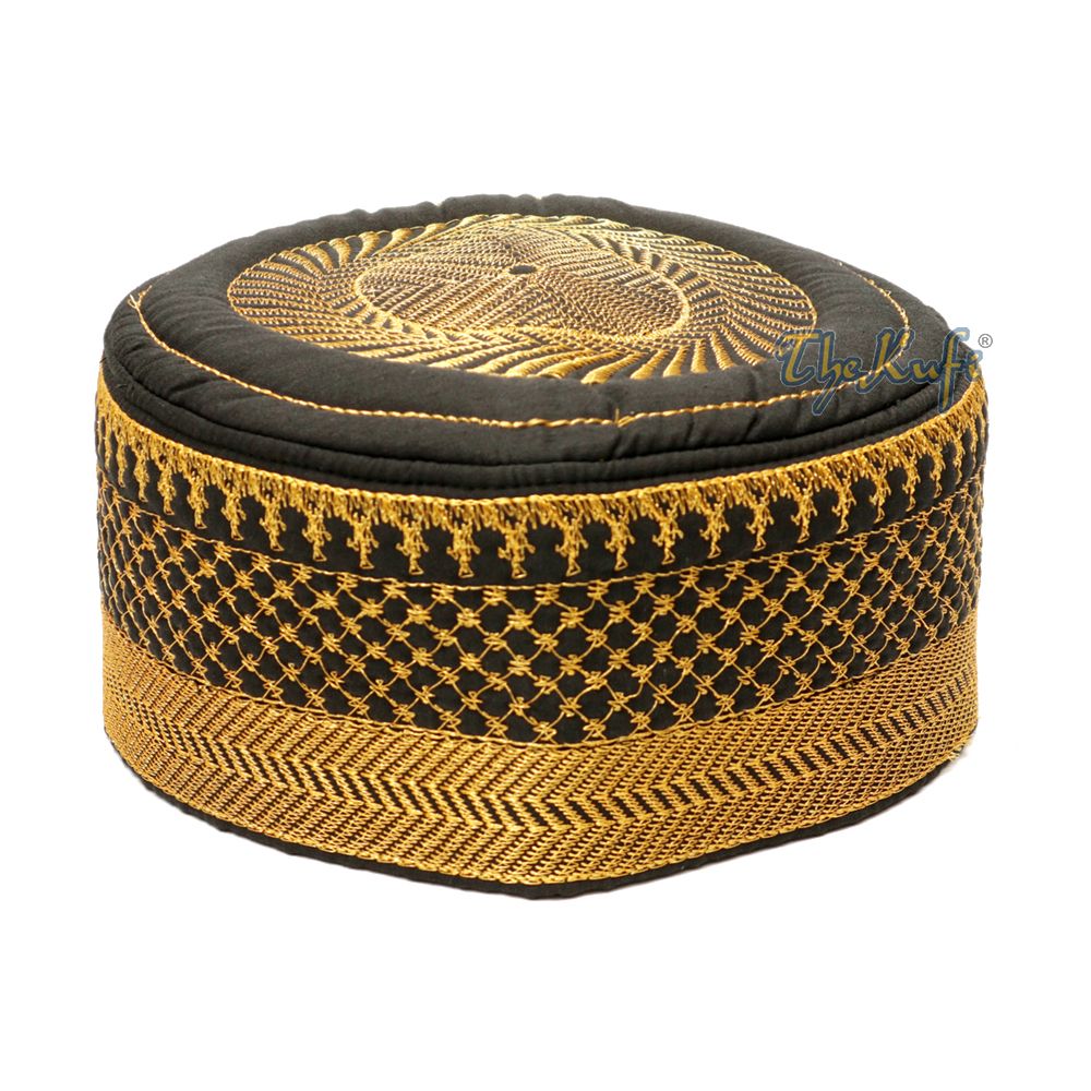 Black Kufi Hat with Gold Embroidery – African-Style Metallic Thread Padded
Semi-Stiff Prayer Cap Topi
