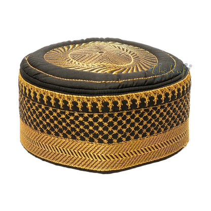 Black Kufi Hat with Gold Embroidery – African-Style Metallic Thread Padded
Semi-Stiff Prayer Cap Topi