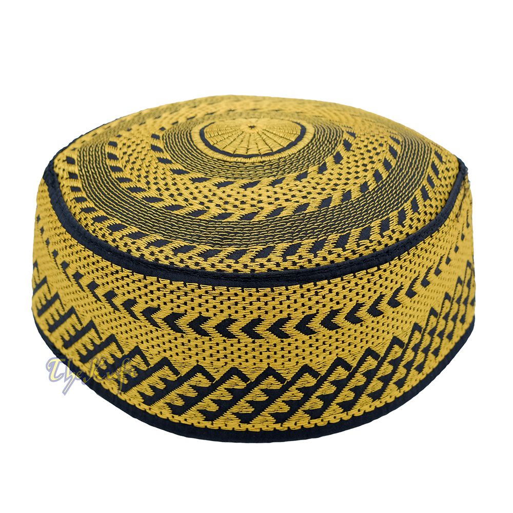 Gold Embroidery Bugis Kufi Hat – Arrow Triangle Design Rigid Muslim Fashion Cap