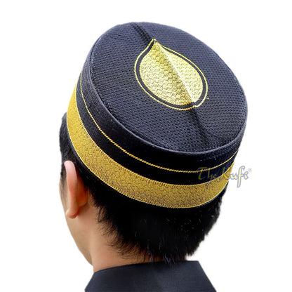 Black Golden Elegant Hat – Bugis Kufi Creased Oval Top Indonesian Traditional Muslim Cap Embroidered Rigid Islamic Head Cover