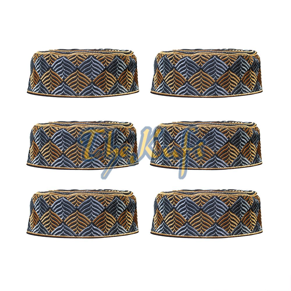Set of 6 Semi-Rigid Black with Gold with Silver Leaf Design Kufi