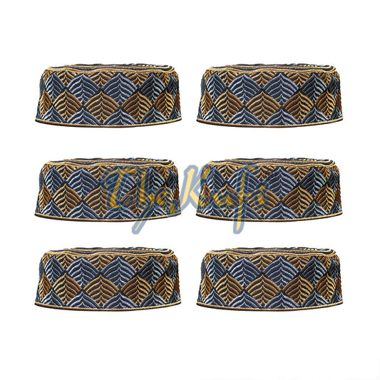 Set of 6 Semi-Rigid Black with Gold with Silver Leaf Design Kufi