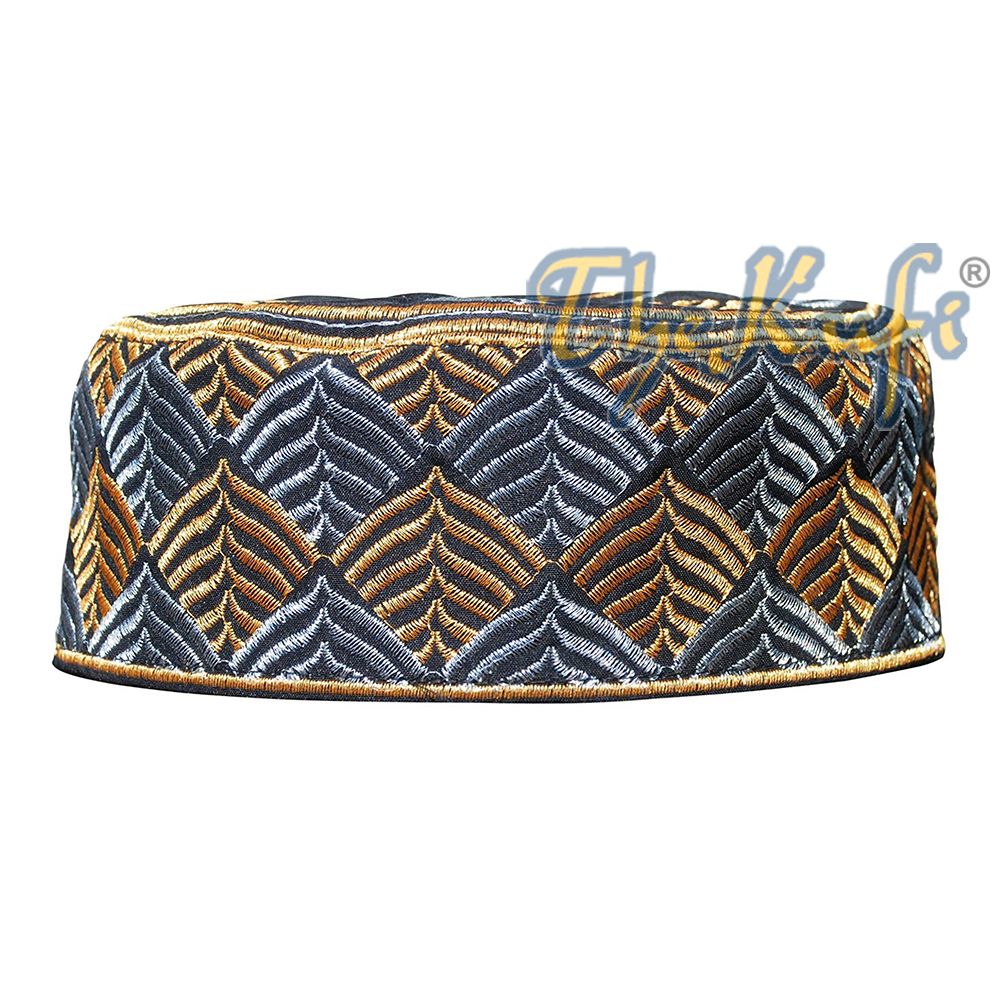 African Kufi Hat – Black with Gold and Silver Leaf Semi-Rigid Design
