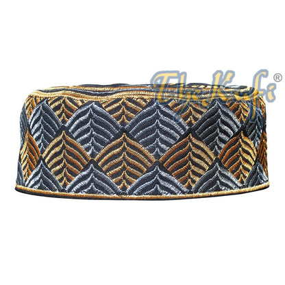 African Kufi Hat – Black with Gold and Silver Leaf Semi-Rigid Design