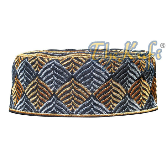 African Kufi Hat – Black with Gold and Silver Leaf Semi-Rigid Design
