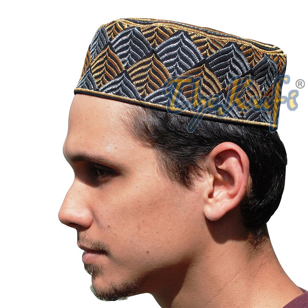 African Kufi Hat – Black with Gold and Silver Leaf Semi-Rigid Design