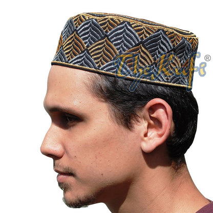 African Kufi Hat – Black with Gold and Silver Leaf Semi-Rigid Design
