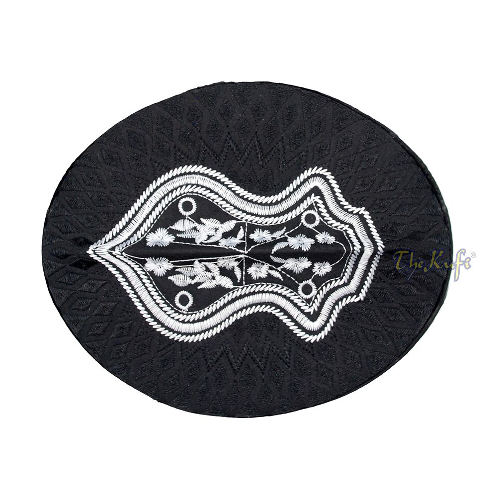 Black & White Assagofah Embroidered Sandal Diamond Design Creased-Top Oval Nalain Rigid Kufi Hat
