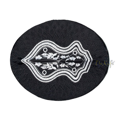 Black & White Assagofah Embroidered Sandal Diamond Design Creased-Top Oval Nalain Rigid Kufi Hat