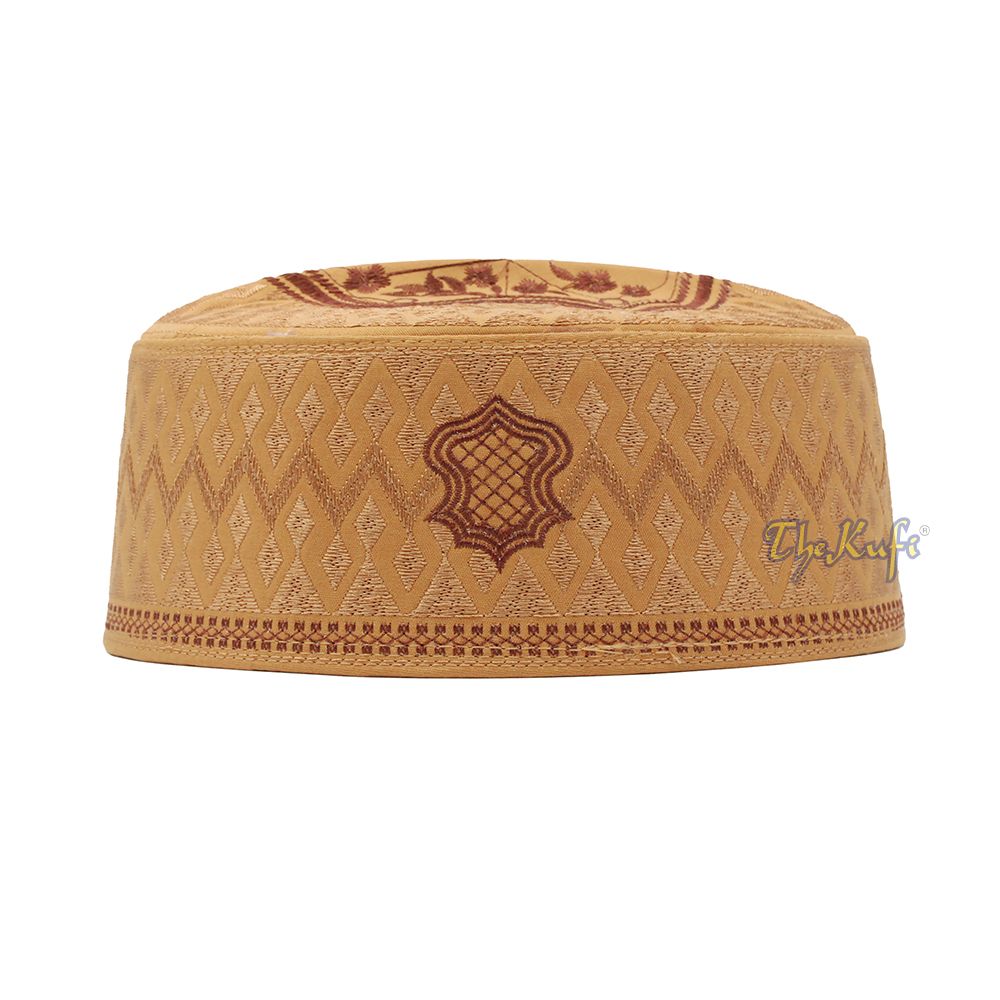 Rust Brown & Brown Assagofah Embroidered Sandal Diamond Design Creased-Top Oval Nalain Rigid Kufi Hat