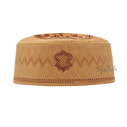 Rust Brown & Brown Assagofah Embroidered Sandal Diamond Design Creased-Top Oval Nalain Rigid Kufi Hat