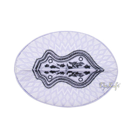 White & Black Assagofah Embroidered Sandal Diamond Design Creased-Top Oval Nalain Rigid Kufi Hat