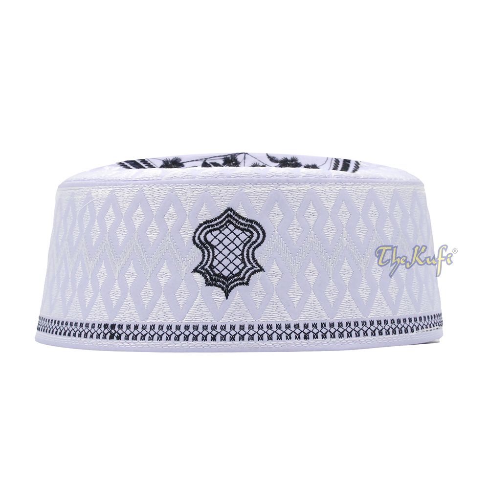 White & Black Assagofah Embroidered Sandal Diamond Design Creased-Top Oval Nalain Rigid Kufi Hat