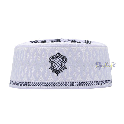 White & Black Assagofah Embroidered Sandal Diamond Design Creased-Top Oval Nalain Rigid Kufi Hat