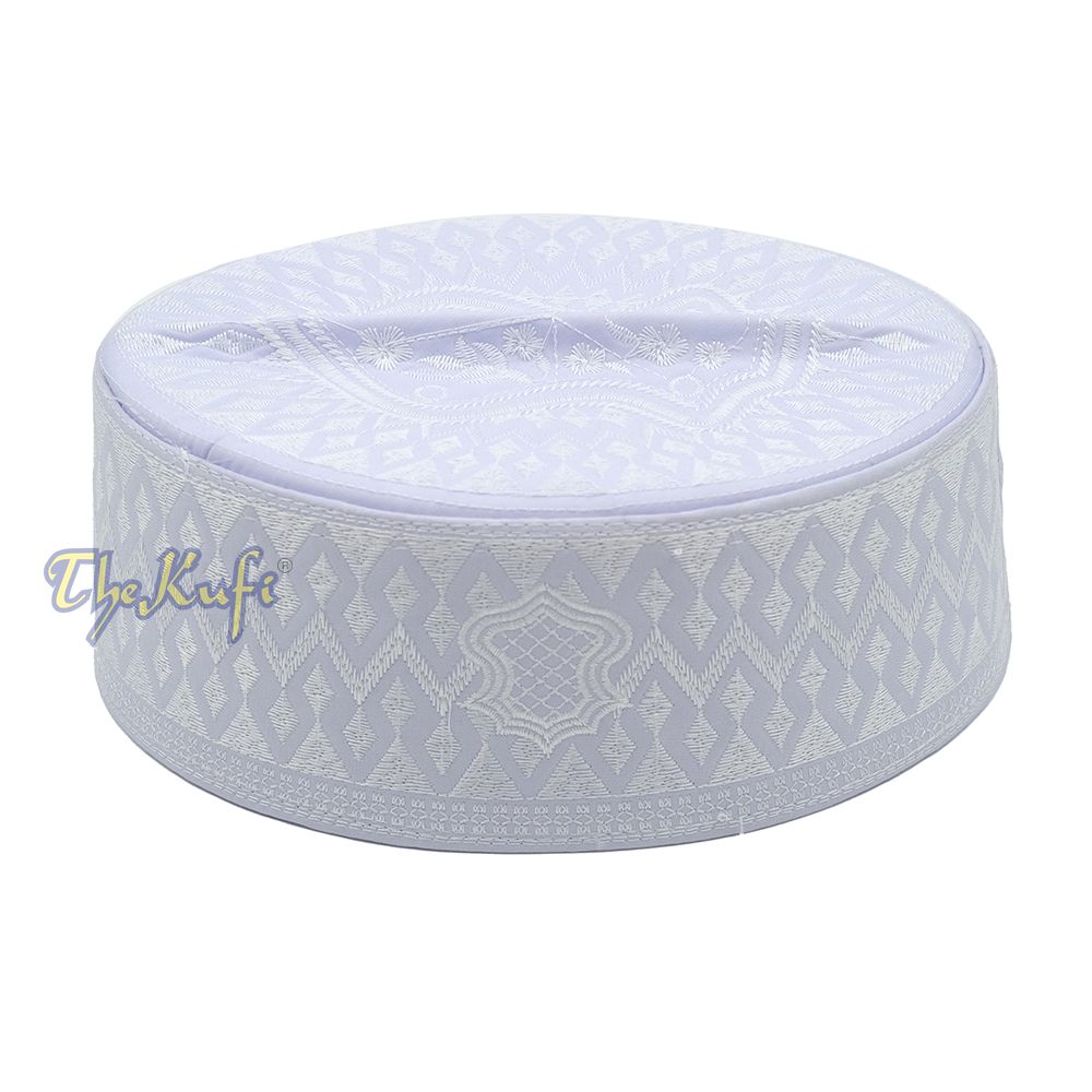 White & White Assagofah Embroidered Sandal Diamond Design Creased-Top Oval Nalain Rigid Kufi Hat
