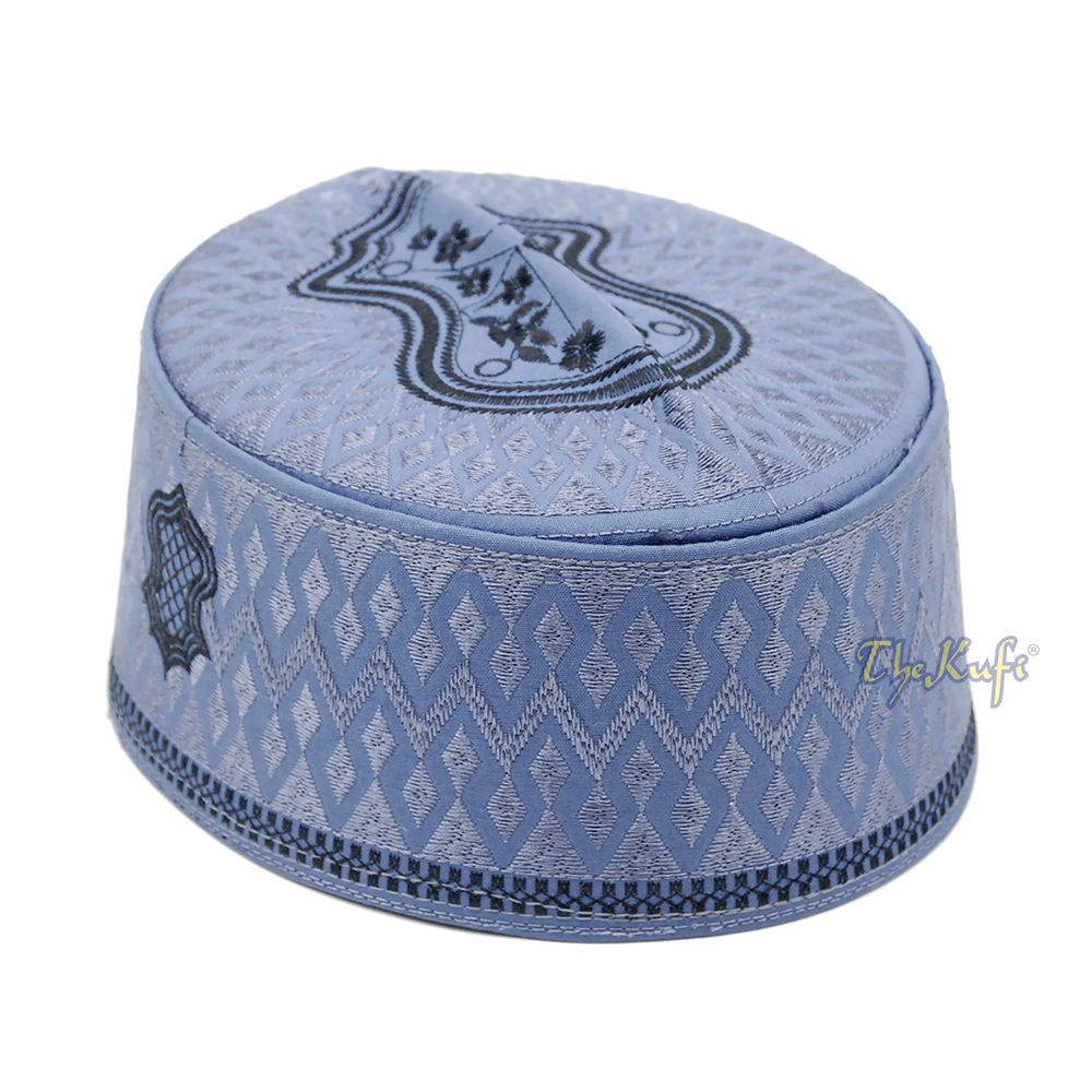 Dark Gray & Black Assagofah Embroidered Sandal Diamond Design Creased-Top Oval Nalain Rigid Kufi Hat