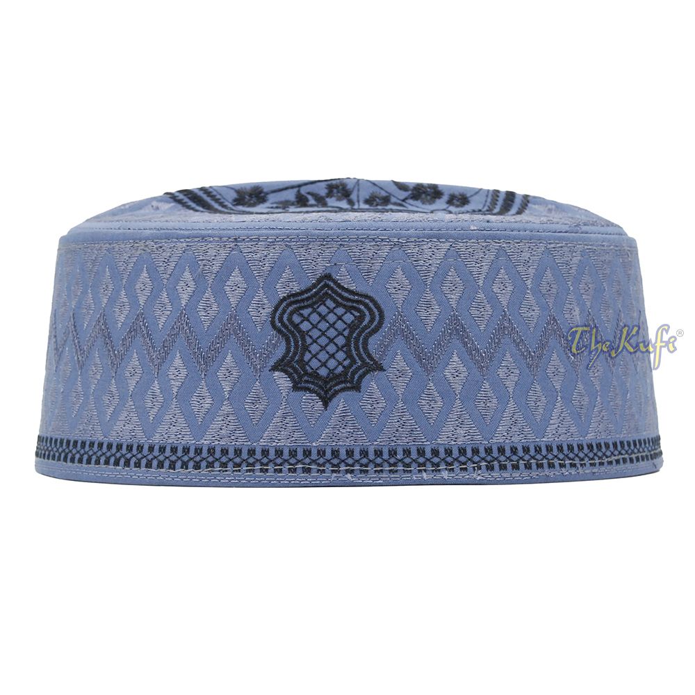 Dark Gray & Black Assagofah Embroidered Sandal Diamond Design Creased-Top Oval Nalain Rigid Kufi Hat