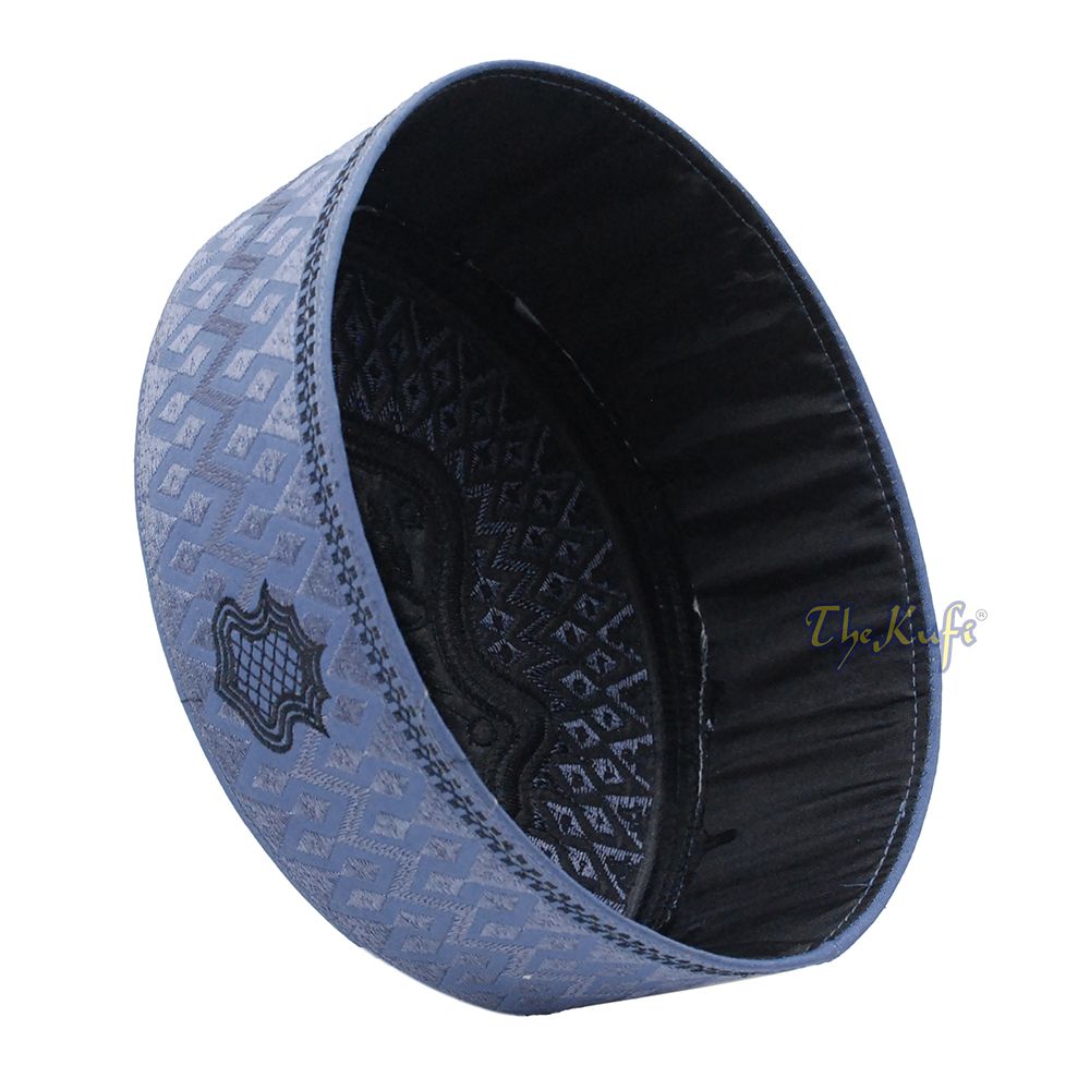 Dark Gray & Black Assagofah Embroidered Sandal Diamond Design Creased-Top Oval Nalain Rigid Kufi Hat