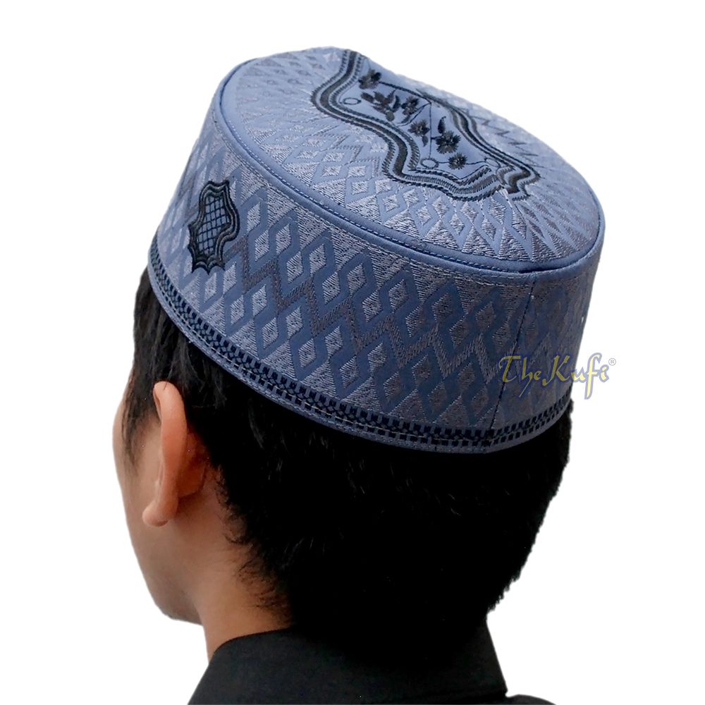 Dark Gray & Black Assagofah Embroidered Sandal Diamond Design Creased-Top Oval Nalain Rigid Kufi Hat