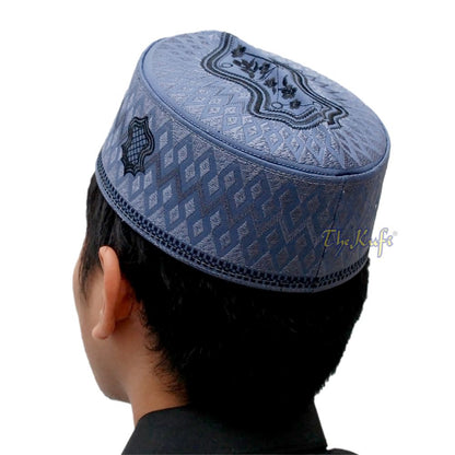 Dark Gray & Black Assagofah Embroidered Sandal Diamond Design Creased-Top Oval Nalain Rigid Kufi Hat