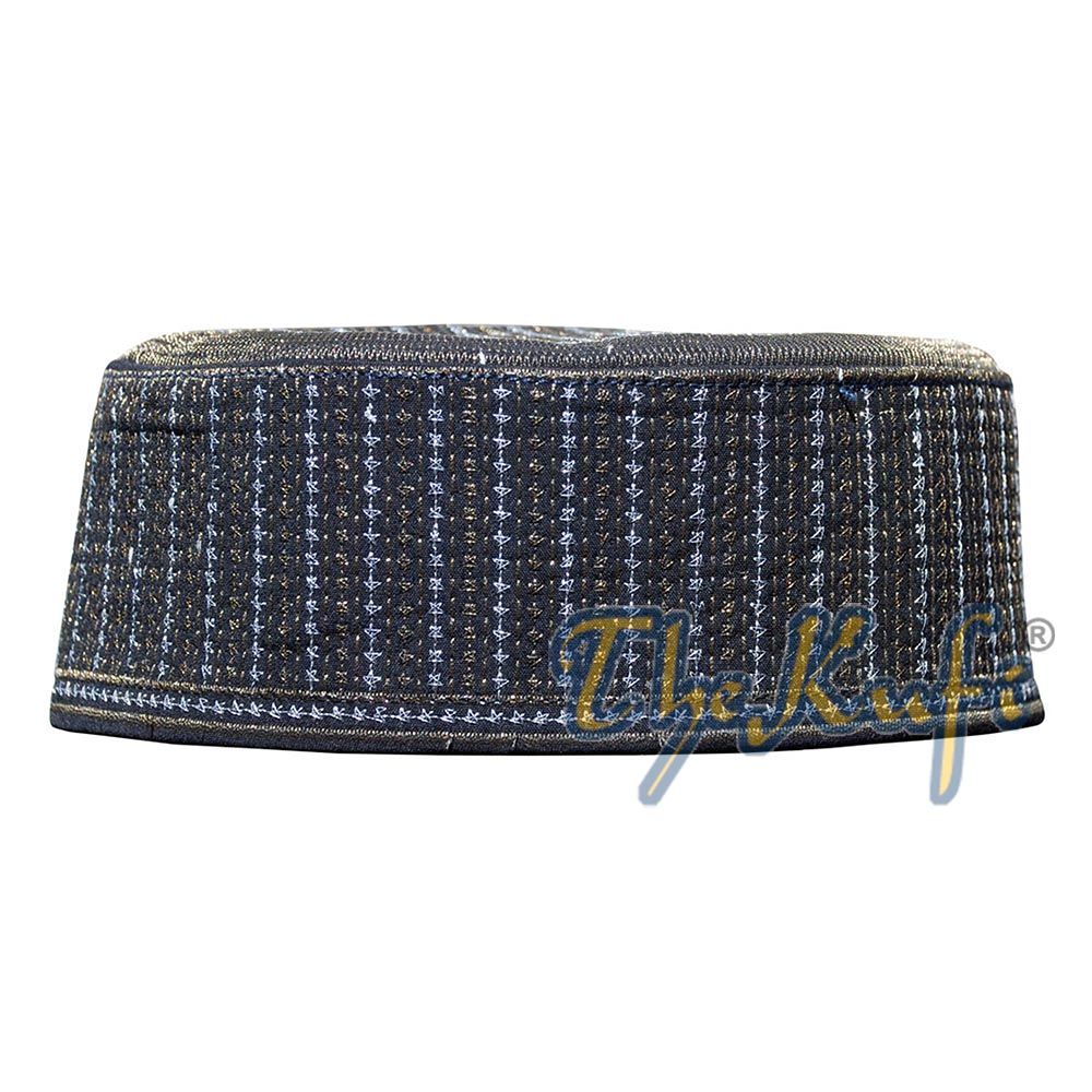 Rigid Metallic Thread Embroidered Kufi with Golden Top Ring