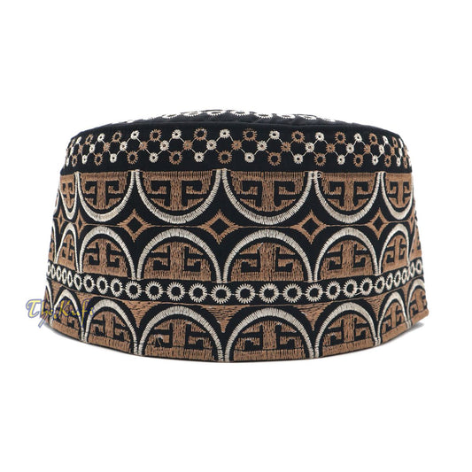 Omani Black Base with Silver Brown Arch Embroidery Kufi