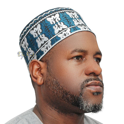 Dark Blue White Muslim Omani Kufi 4-inch Tall Butterfly Motif Islamic African Fashion Prayer Hat