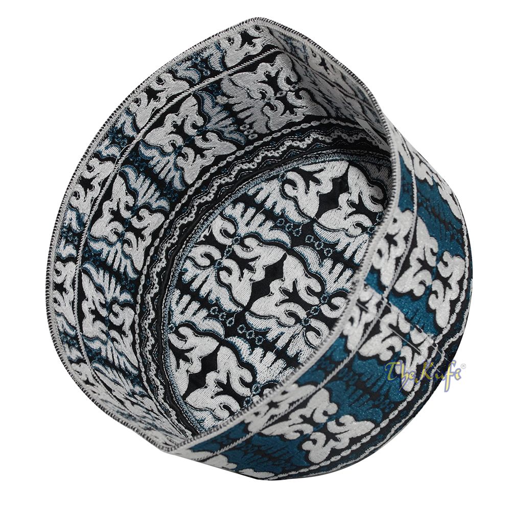 Dark Blue White Muslim Omani Kufi 4-inch Tall Butterfly Motif Islamic African Fashion Prayer Hat