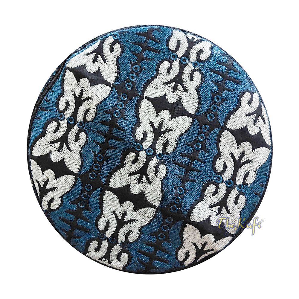 Dark Blue White Muslim Omani Kufi 4-inch Tall Butterfly Motif Islamic African Fashion Prayer Hat