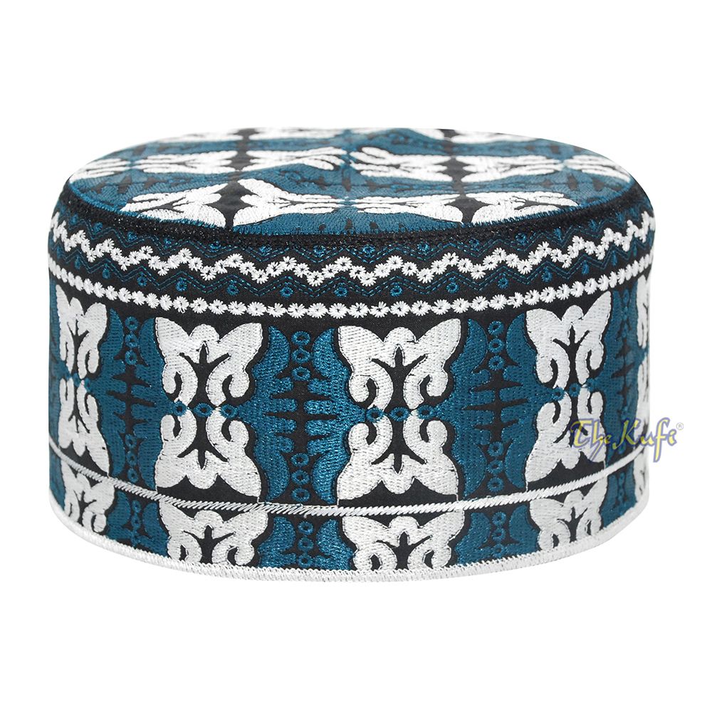 Dark Blue White Muslim Omani Kufi 4-inch Tall Butterfly Motif Islamic African Fashion Prayer Hat