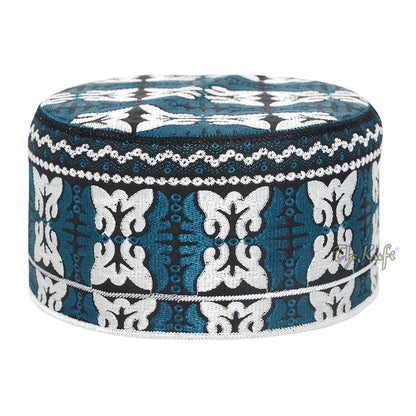 Dark Blue White Muslim Omani Kufi 4-inch Tall Butterfly Motif Islamic African Fashion Prayer Hat