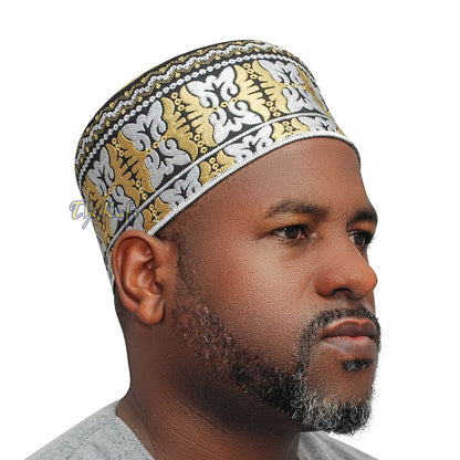 Muslim Omani Kufi Hat Black Golden-Brown White Butterfly Motif 4-inch Islamic African Yemeni Kenyan Topi