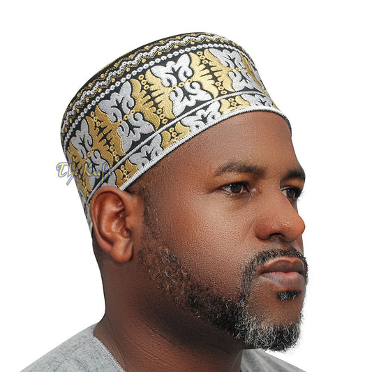 Muslim Omani Kufi Hat Black Golden-Brown White Butterfly Motif 4-inch Islamic African Yemeni Kenyan Topi