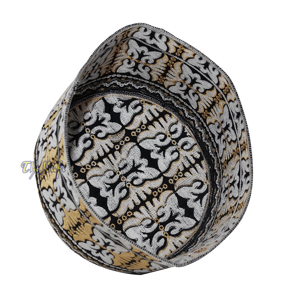 Muslim Omani Kufi Hat Black Golden-Brown White Butterfly Motif 4-inch Islamic African Yemeni Kenyan Topi