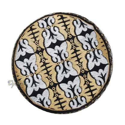 Muslim Omani Kufi Hat Black Golden-Brown White Butterfly Motif 4-inch Islamic African Yemeni Kenyan Topi