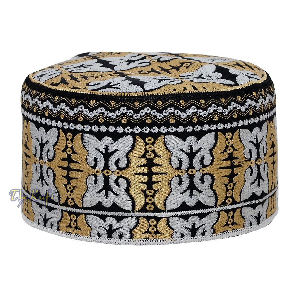 Muslim Omani Kufi Hat Black Golden-Brown White Butterfly Motif 4-inch Islamic African Yemeni Kenyan Topi