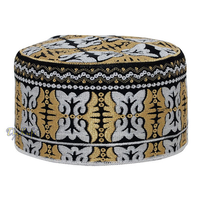 Muslim Omani Kufi Hat Black Golden-Brown White Butterfly Motif 4-inch Islamic African Yemeni Kenyan Topi