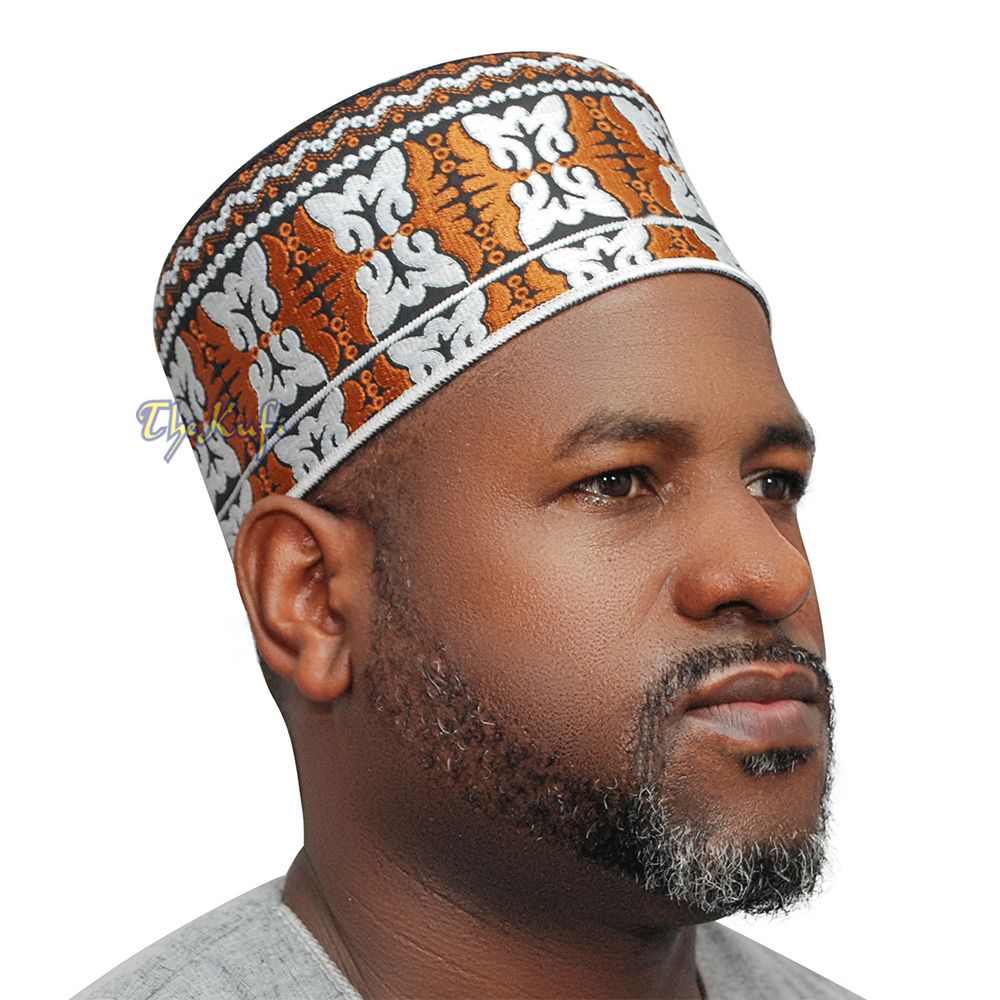 Muslim Omani Kufi Hat Rust-Brown Black White Butterfly Motif 4-inch Islamic African Yemeni Kenyan Tupi