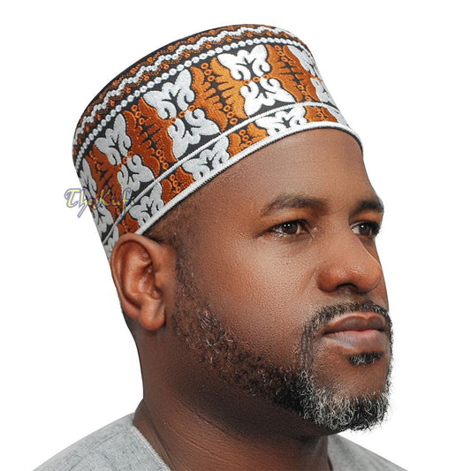 Muslim Omani Kufi Hat Rust-Brown Black White Butterfly Motif 4-inch Islamic African Yemeni Kenyan Tupi