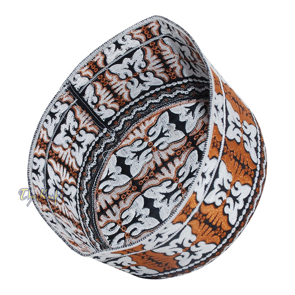 Muslim Omani Kufi Hat Rust-Brown Black White Butterfly Motif 4-inch Islamic African Yemeni Kenyan Tupi