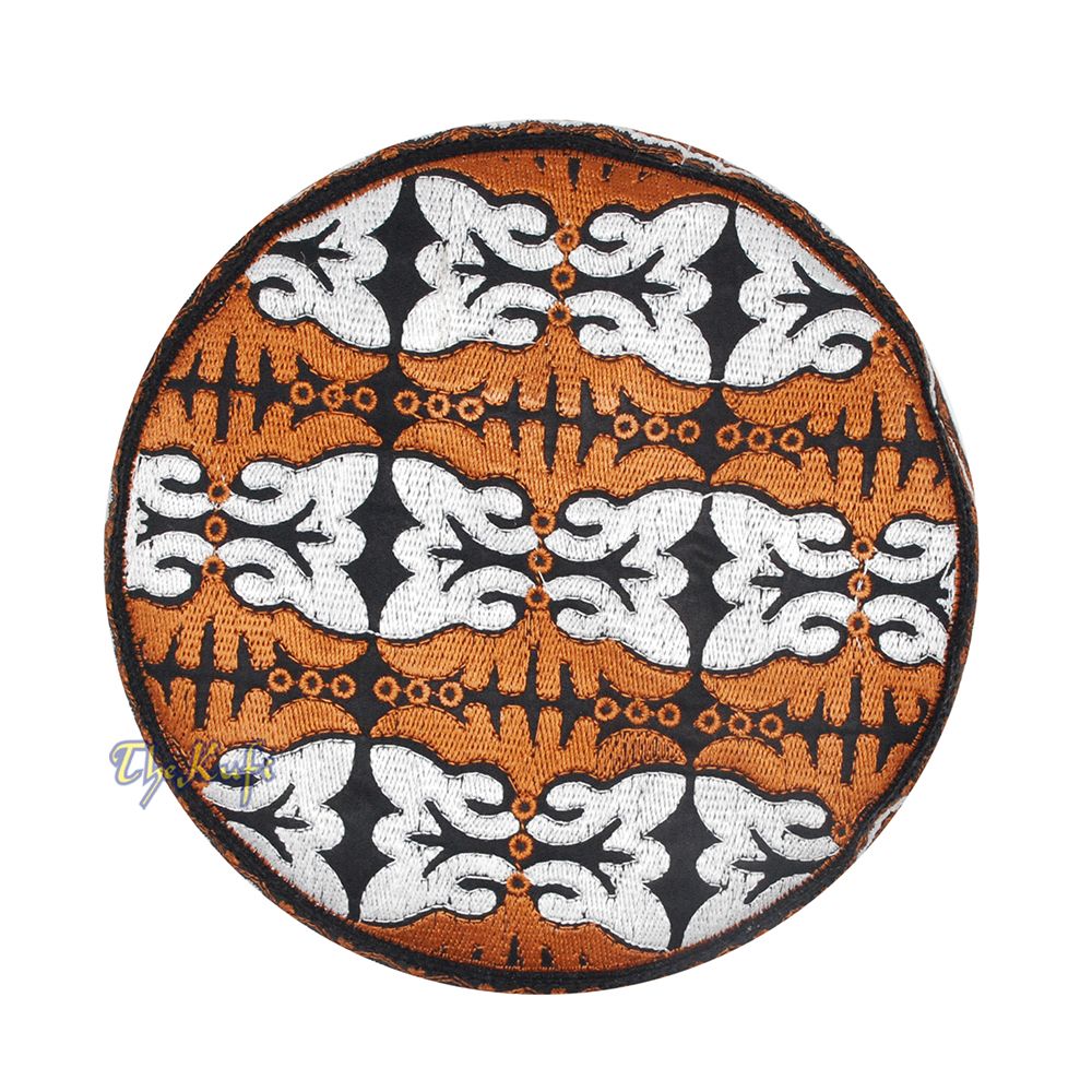 Muslim Omani Kufi Hat Rust-Brown Black White Butterfly Motif 4-inch Islamic African Yemeni Kenyan Tupi