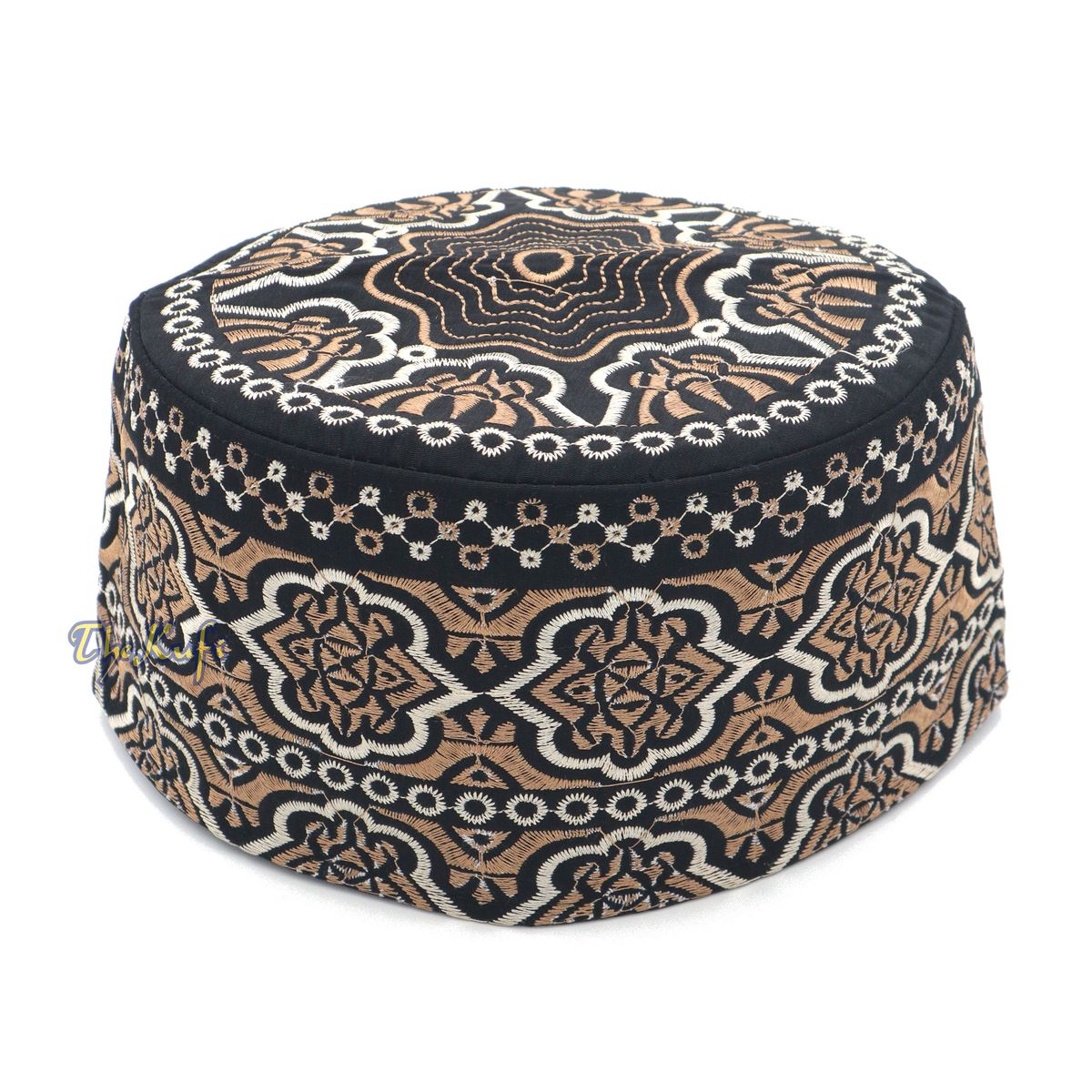 Omani Black Base with Silver Brown Flower Embroidery Kufi
