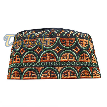 Tall Omani Kufi Hat Black Orange & Green Embroidery