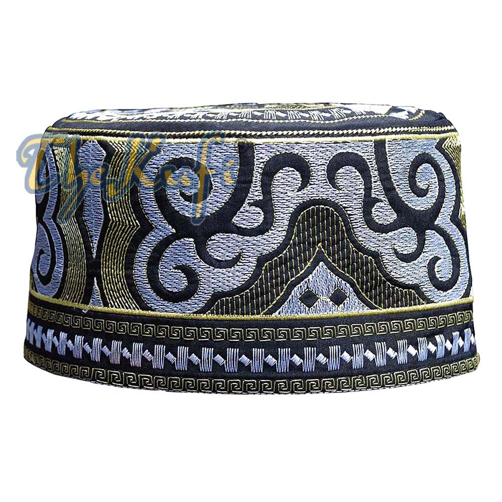Omani Black Base with Green Yellow & Silver Embroidery Kufi