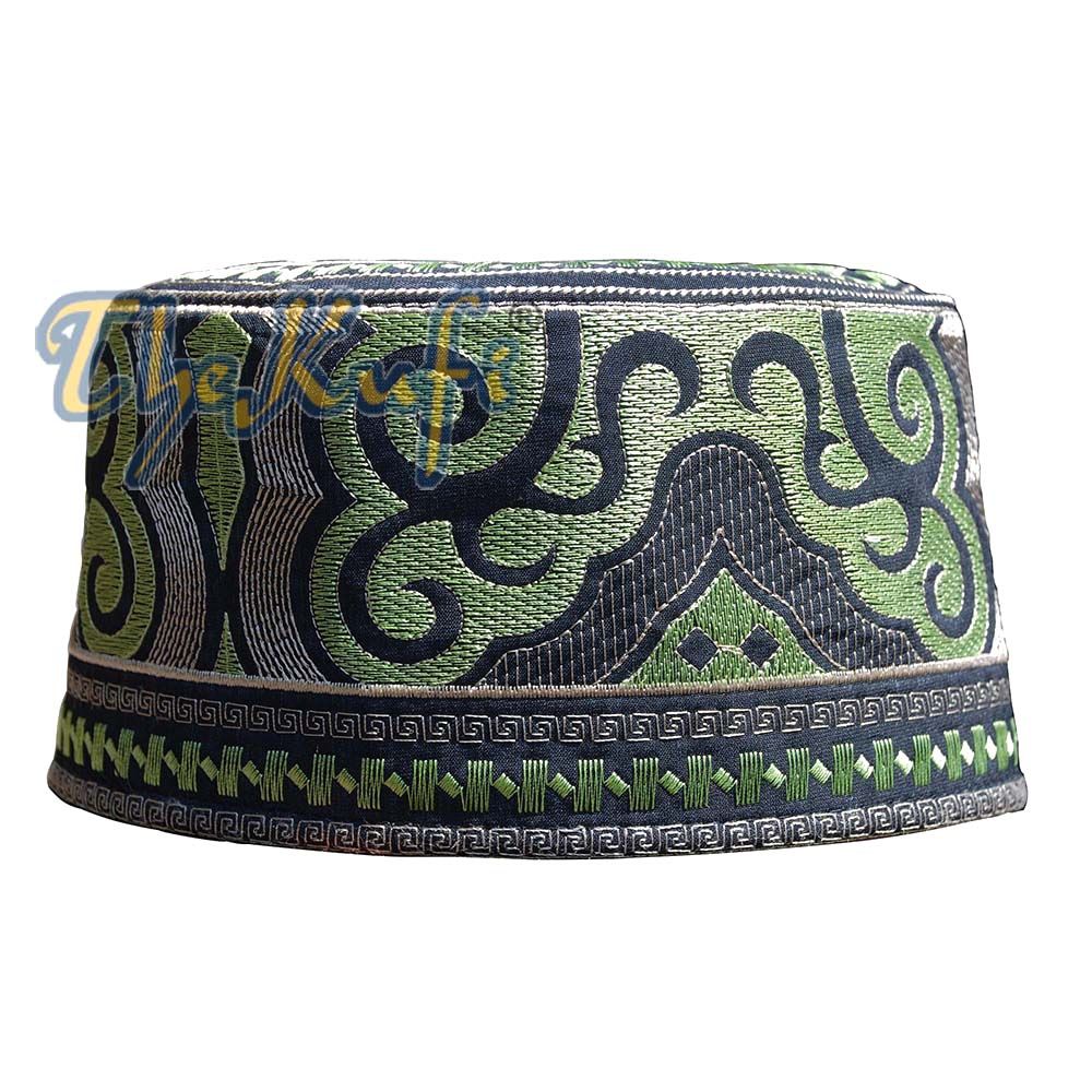 Omani Kufi Hat Black Green & Silver Embroidery